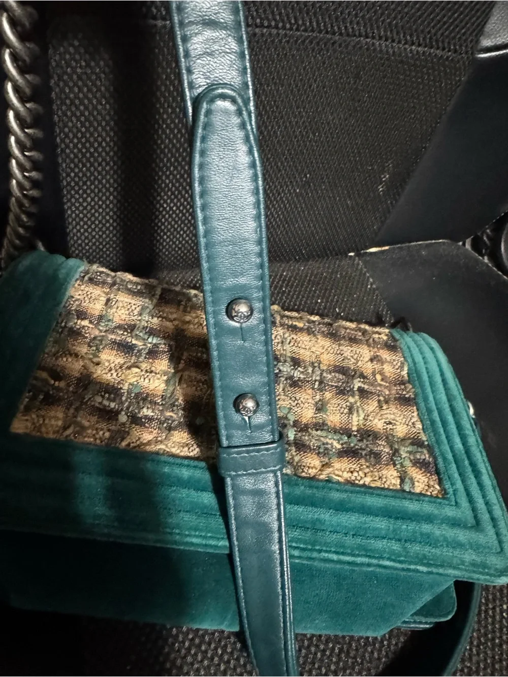 CHANEL Teal Tweed & Velvet Chain Crossbody Bag
